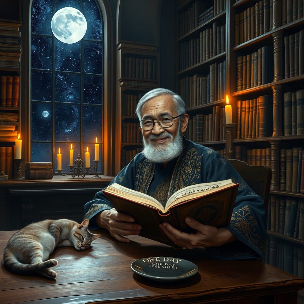 Elderly Indonesian Scholar in Cozy Magical Library
