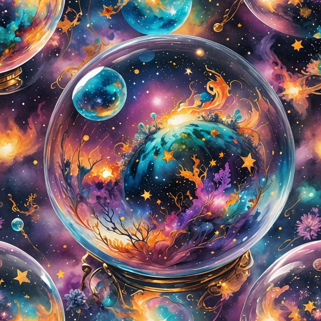 Cosmic Snow Globe with Galaxy, Watercolor Style
