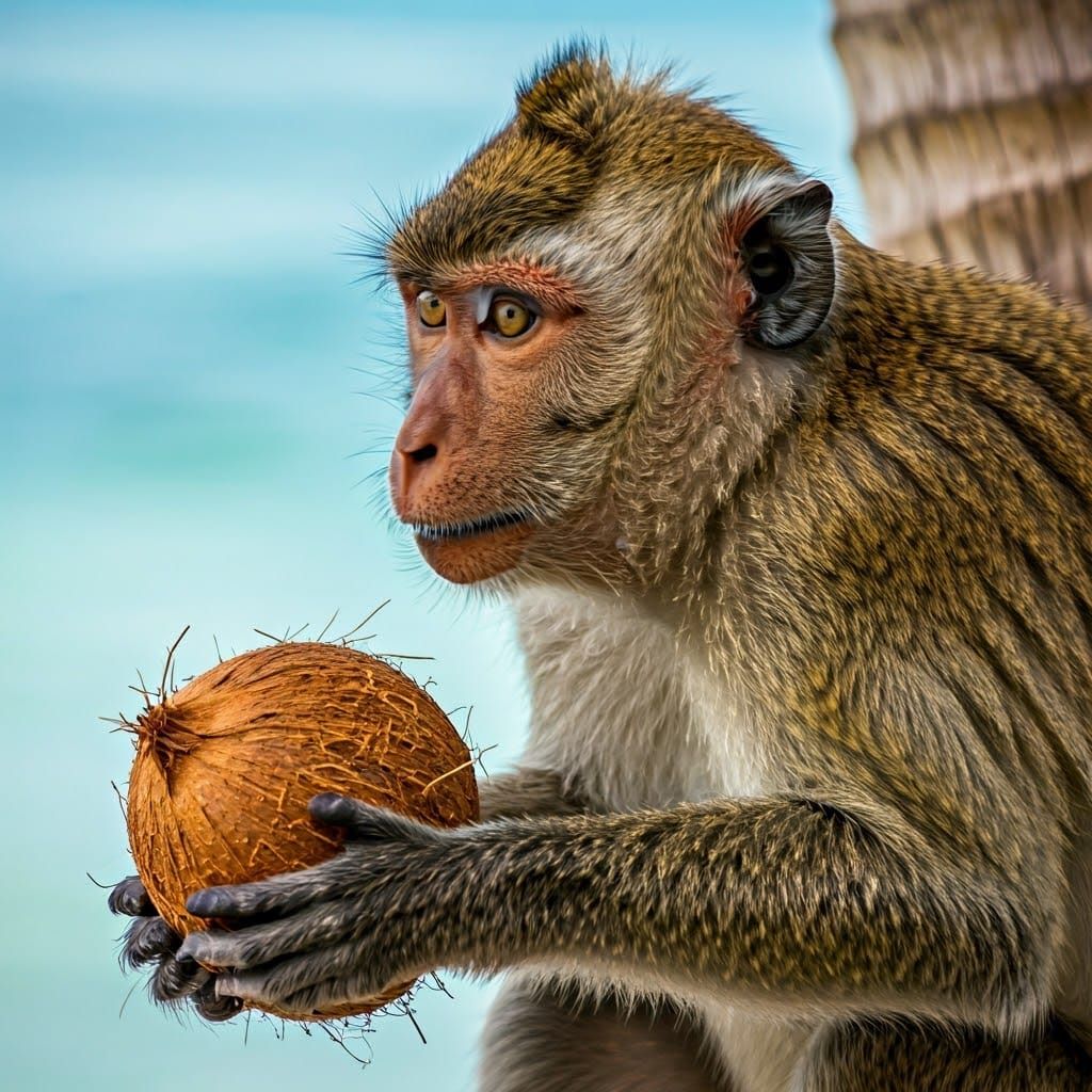 Monkey with Coconut in a Palm Tree