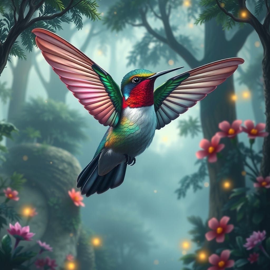 Iridescent Hummingbird in Emerald, Sapphire, and Ruby Hues