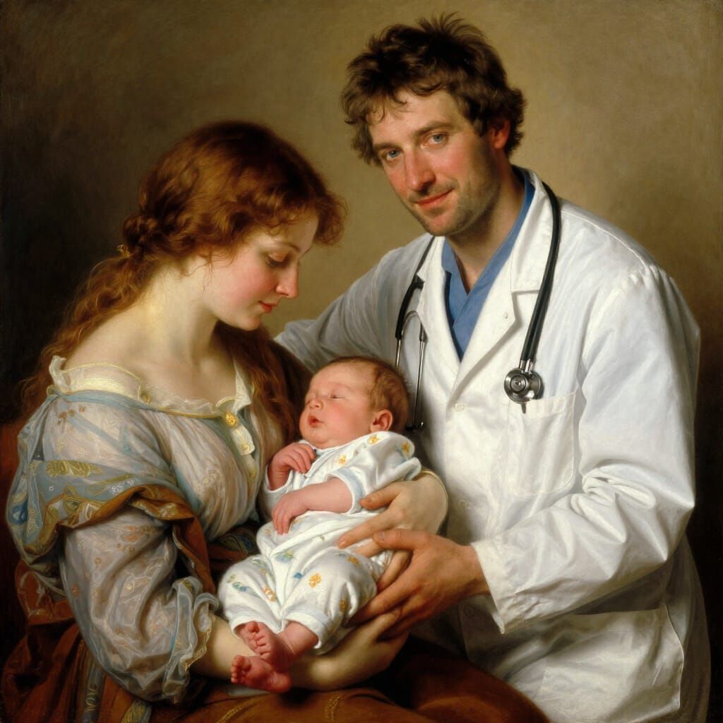 Joyful Birth Scene with Doctor and Newborn, Pre-Raphaelite S...