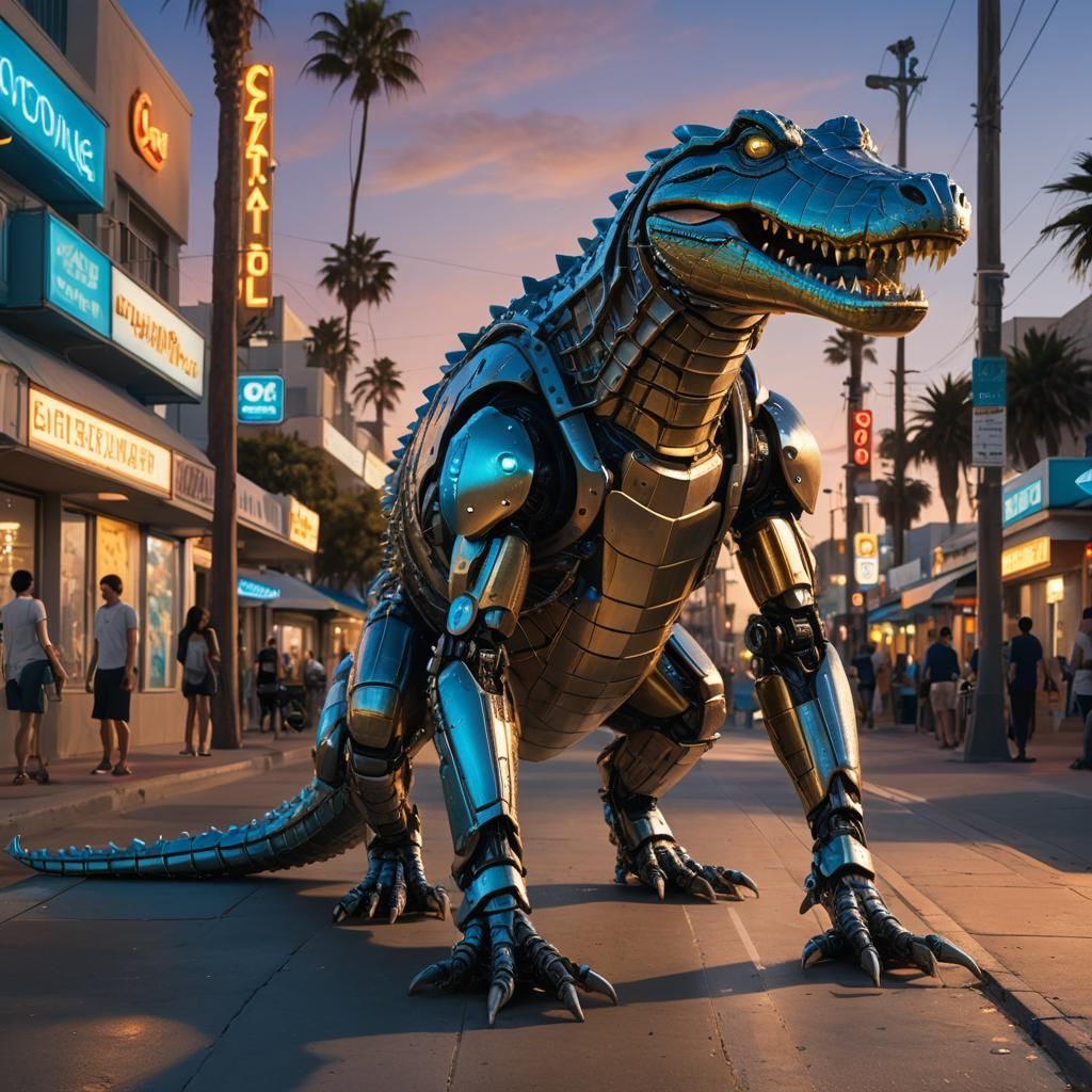 Metallic Robotic Crocodile Glides Through Santa Monica