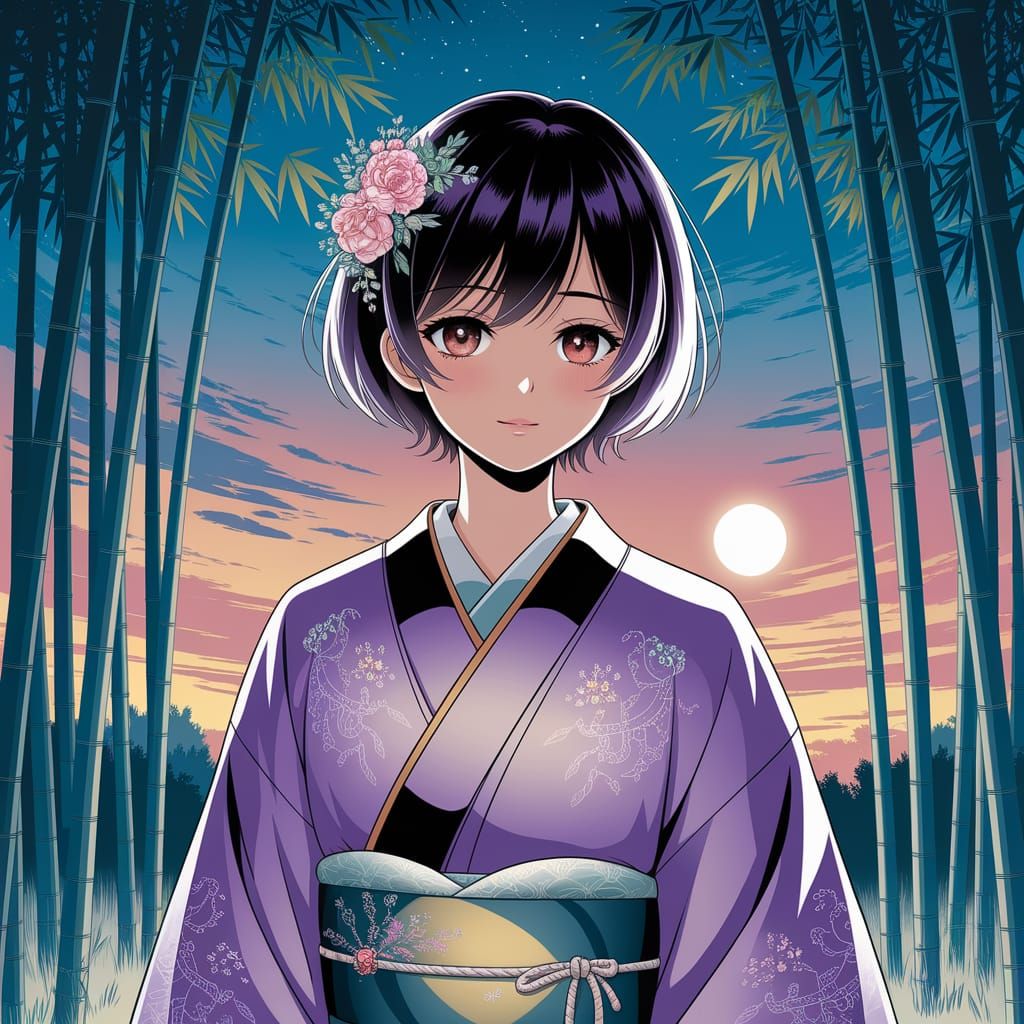 Anime Man in Bamboo Forest at Twilight