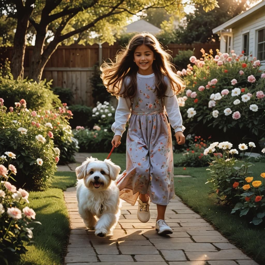 Girl and Dog Playing in Sunny Backyard