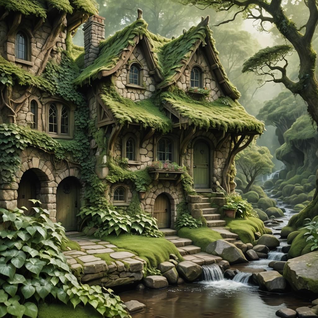 Enchanted Cottage by Creek in Dreamy Landscape