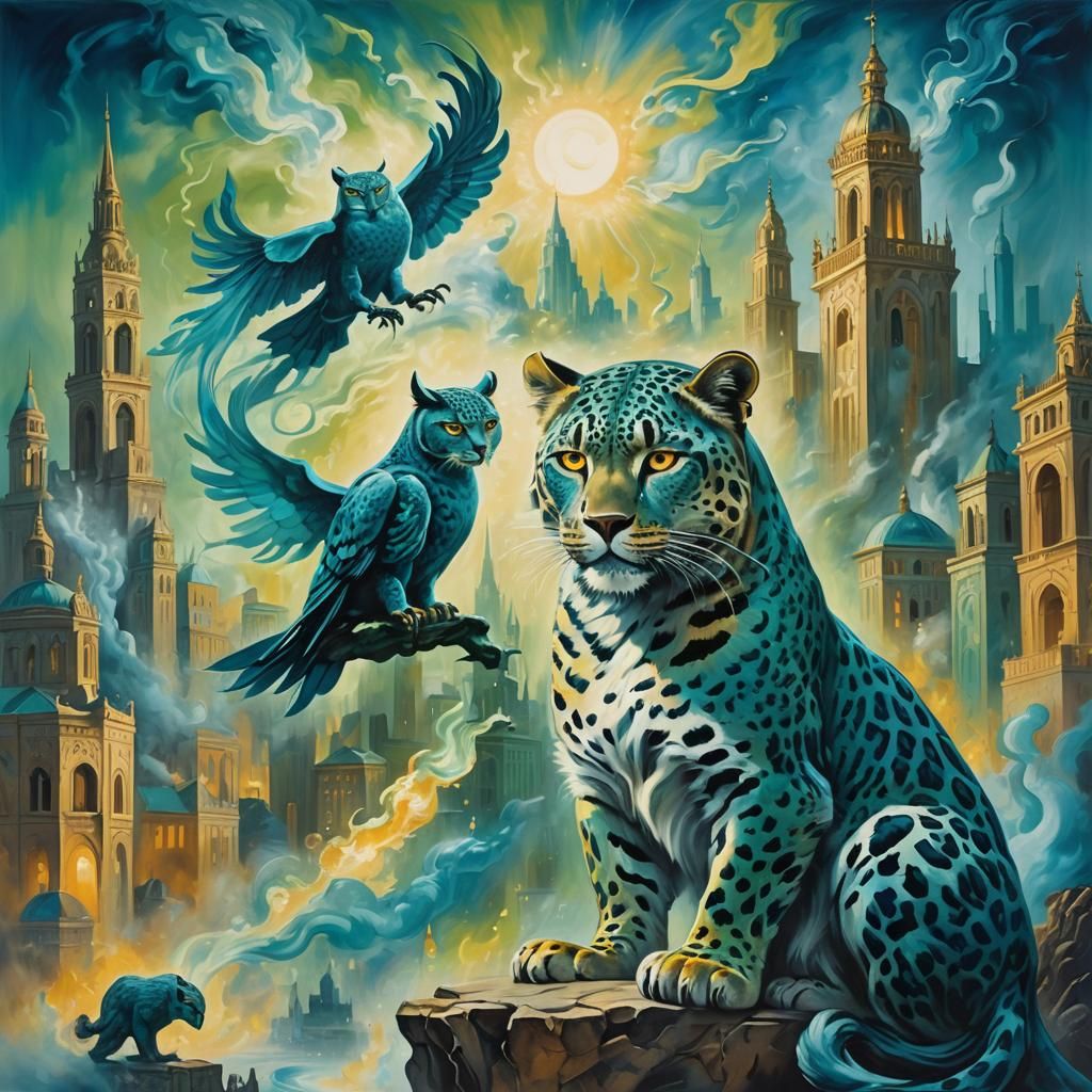Blue Leopard King in a Surreal City of Light