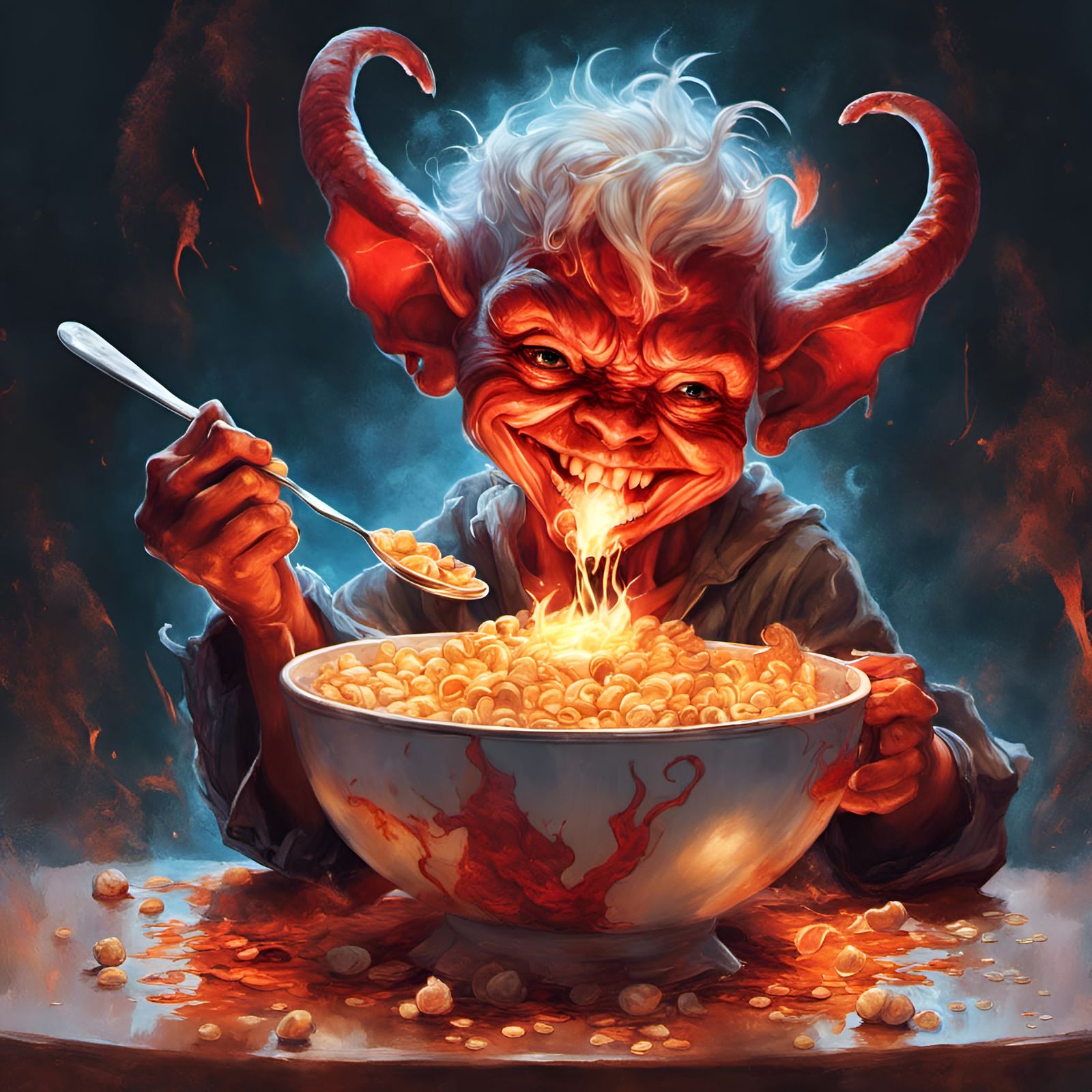 Adorable Demon Eats Cereal in Fiery Portrait