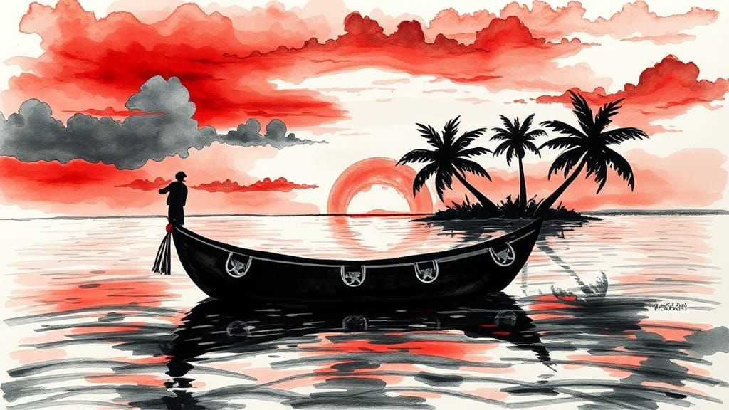 Boat on Water in Alcohol Ink Painting Style