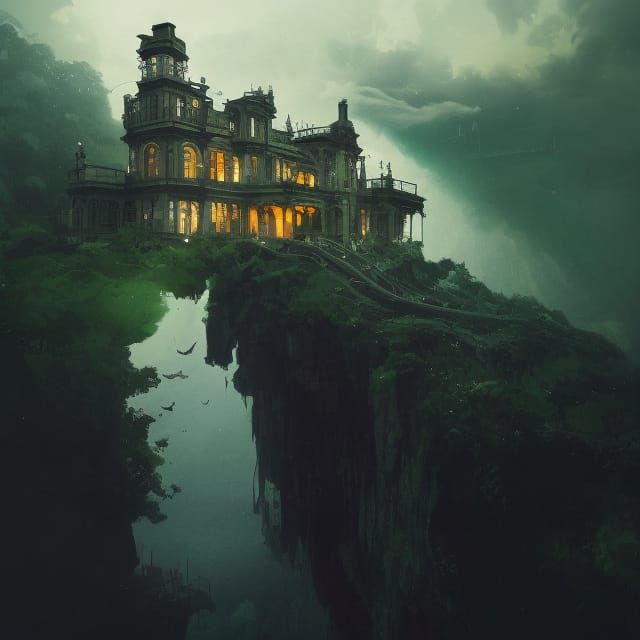 Victorian Mansion on Stormy Cliff: Maximalist Digital Art