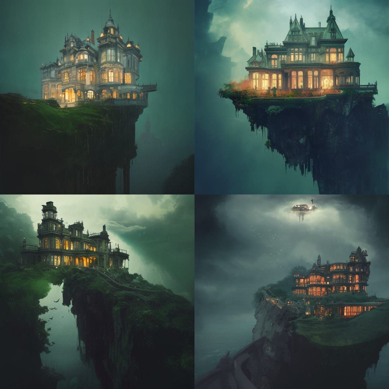 Victorian Mansion on Cliff, Vibrant Digital Art
