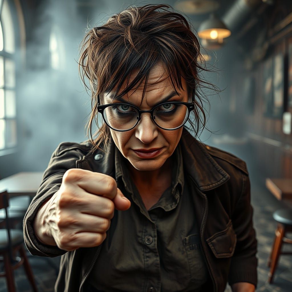 head to feet portrait of a 55yo ugly striking wrinkled woman walks bad-tempered toward the viewer, small lips, small bri...