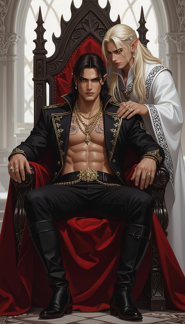 Gothic Throne Scene: Man and Elf in Silvery Light