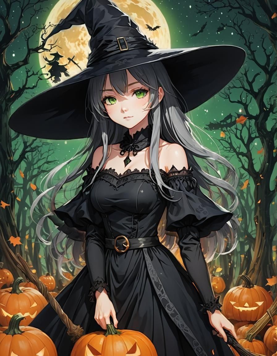 Anime Witch with Broom, Pumpkin Dress, and Green Eyes