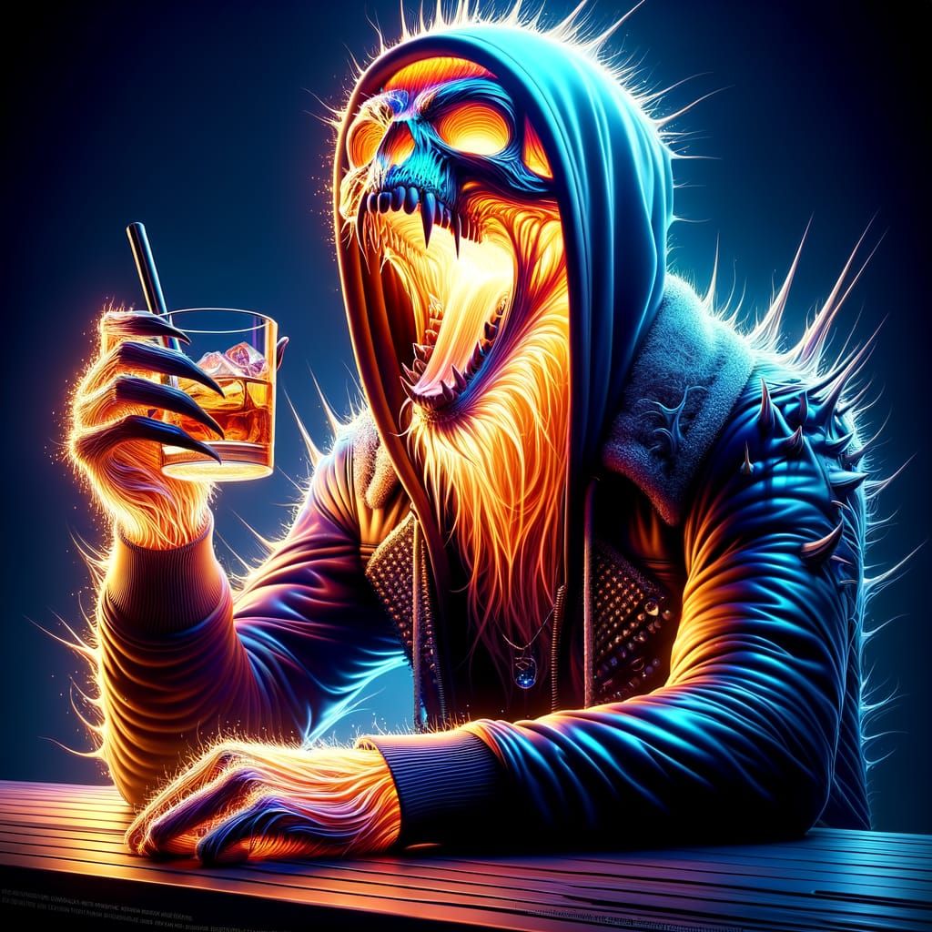 Glowing Punk Sloth Laughing at Bar in Parametric Art