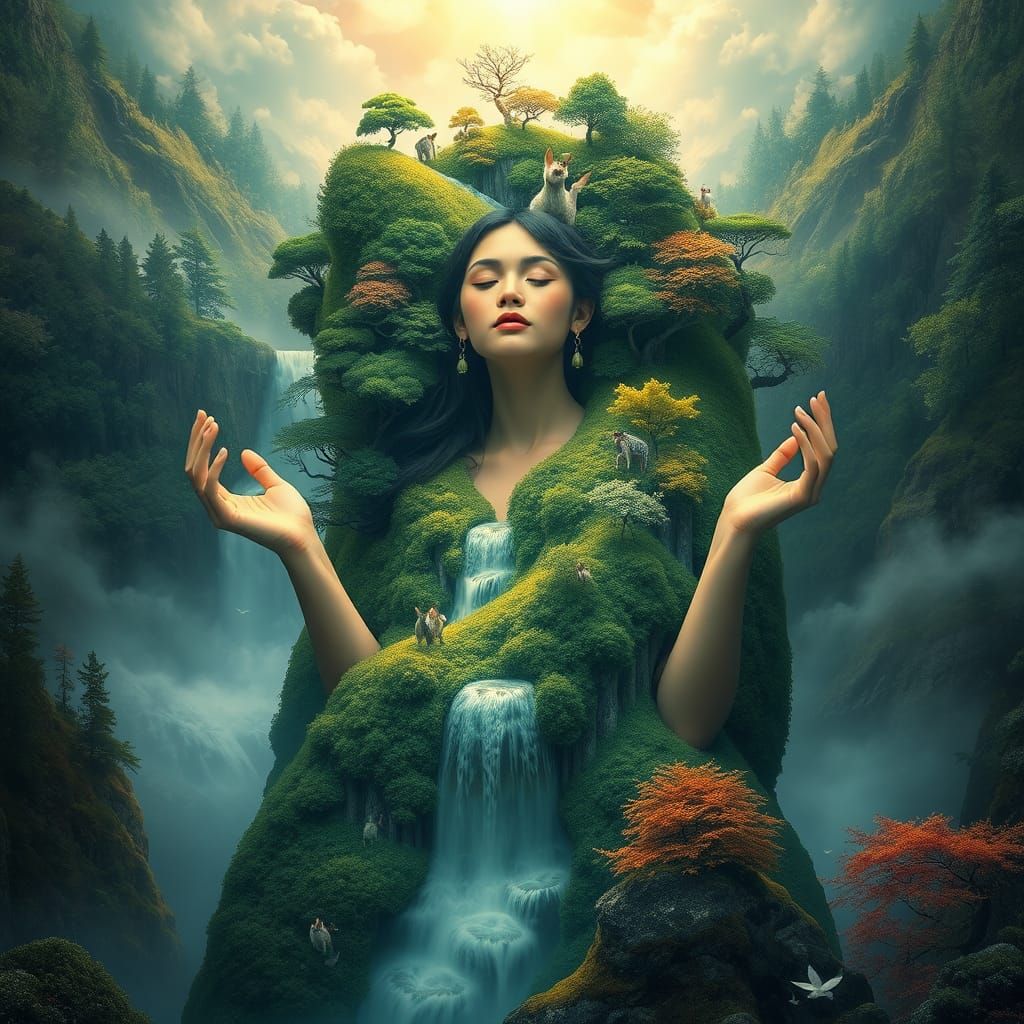 Surreal Princess in Whimsical Landscape with Shimmering Crow...