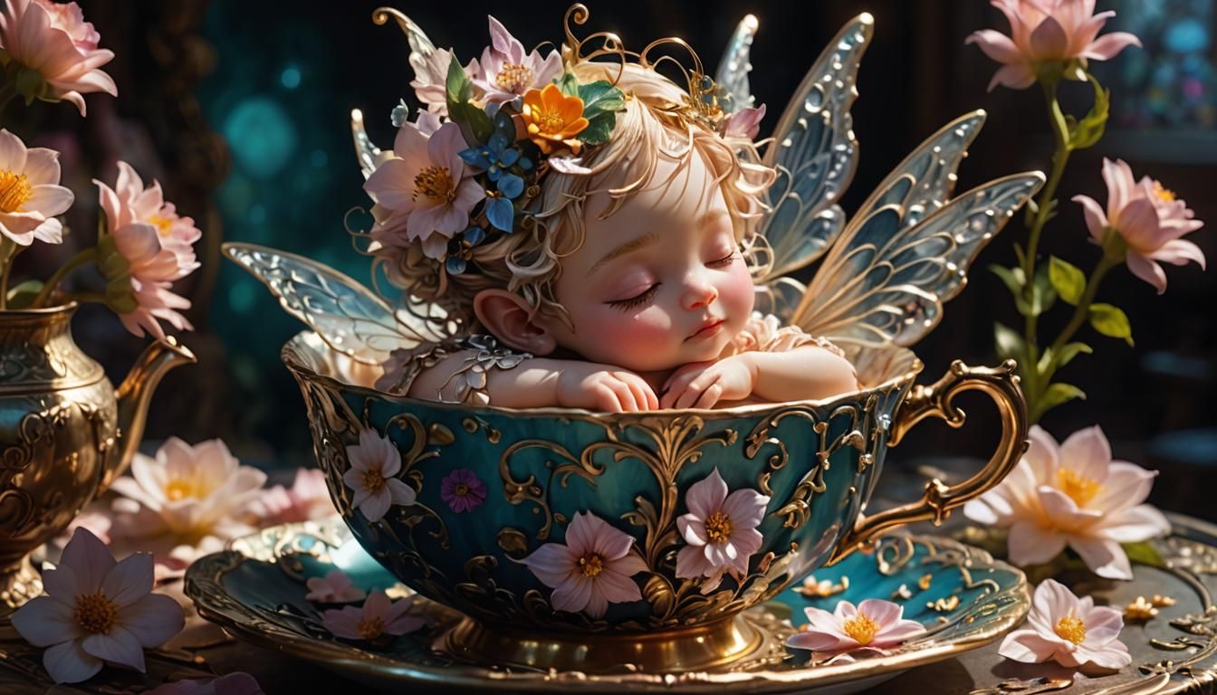 Baby Fairy Asleep in Teacup: Fantasy Concept Art