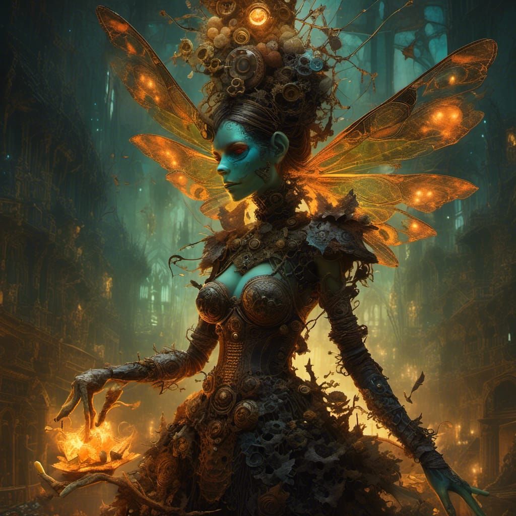 Steampunk Goblin Shaman Conjuring Fire Dragonfly