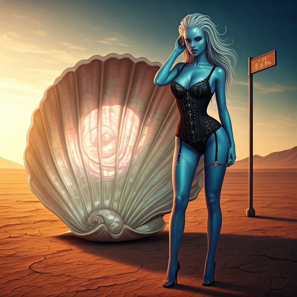 Alien Goddess Beside Ancient Shell in Desert Landscape