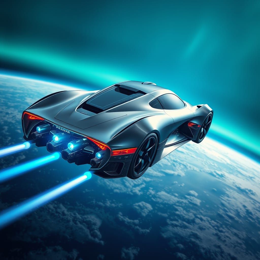 A futuristic car transforms into a spaceship flying over the...