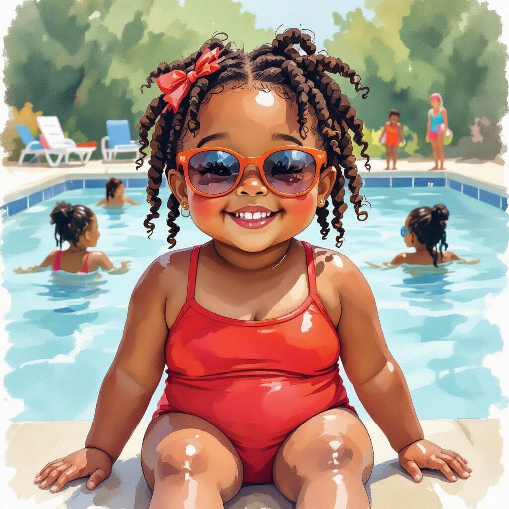 Happy Girl in Red Swimsuit, Watercolor Style