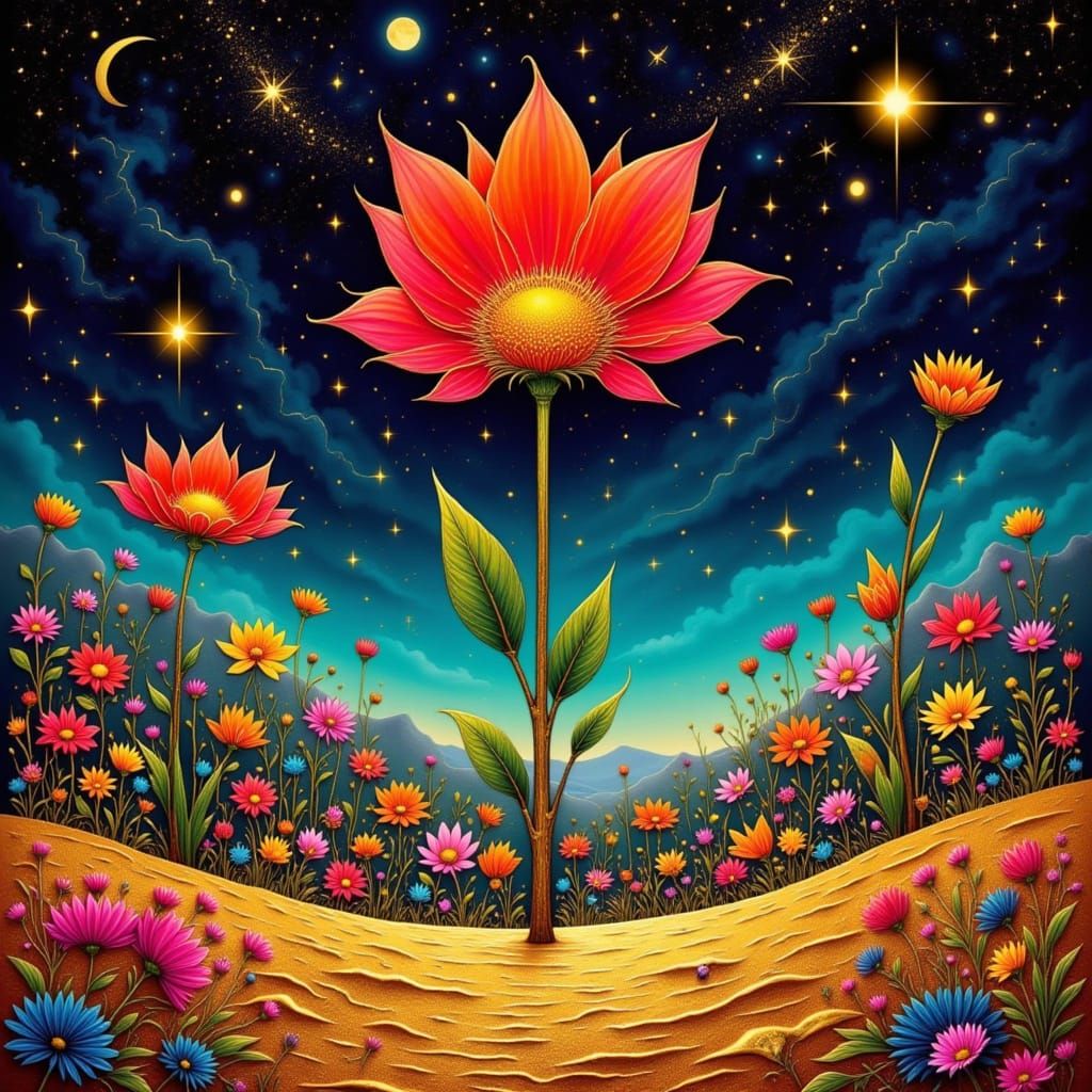 Radiant Gold and Red Flower in Psychedelic Tarot Style