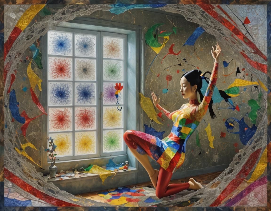 Surreal Window Scene with Polychrome Impasto Elements
