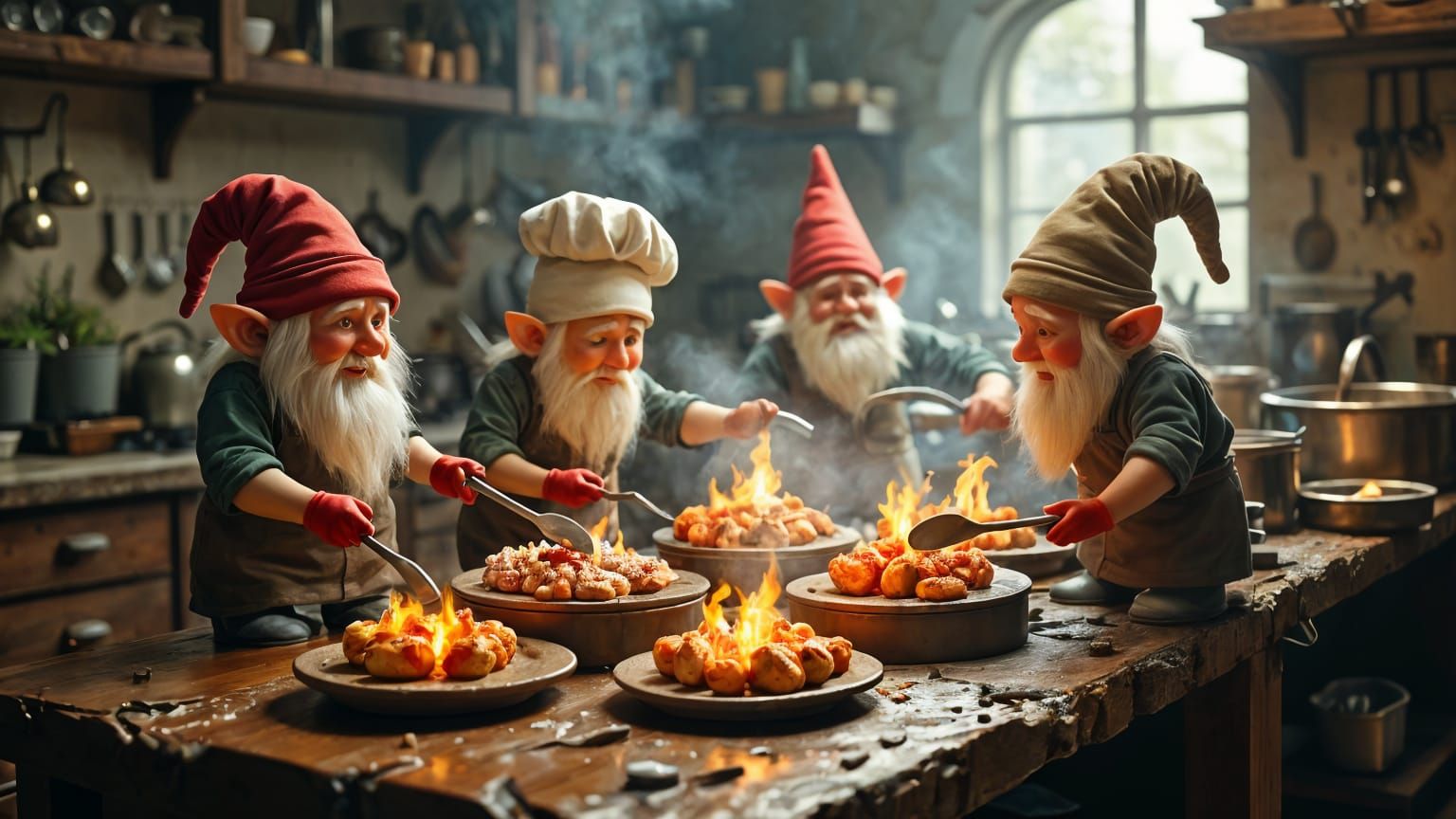 Gnome Chefs Cooking Magical Feast in Kitchen