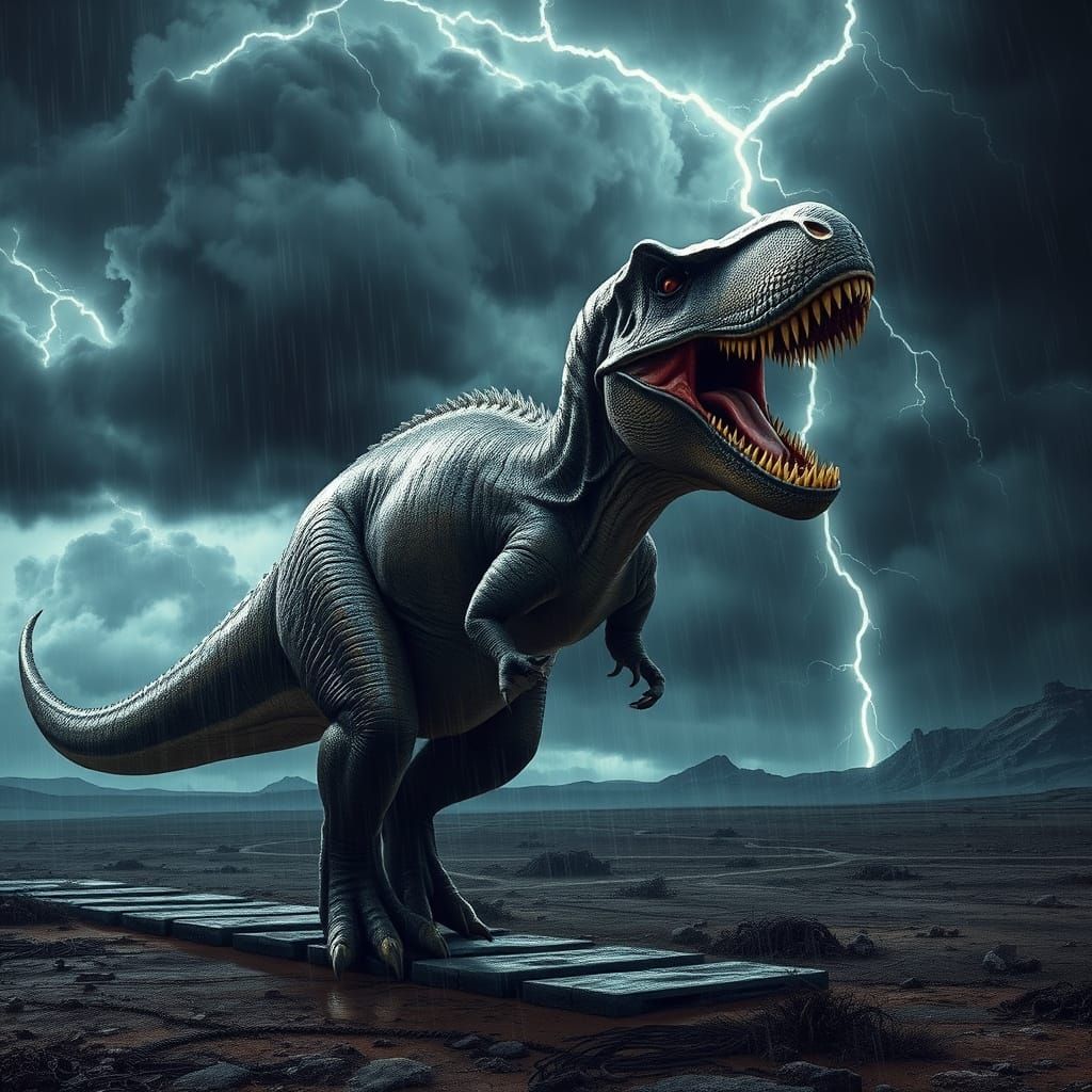 Surreal T-Rex Dominates Futuristic Stormscape
