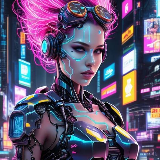 Glowing Cyberpunk Goddess in Neon Cityscape