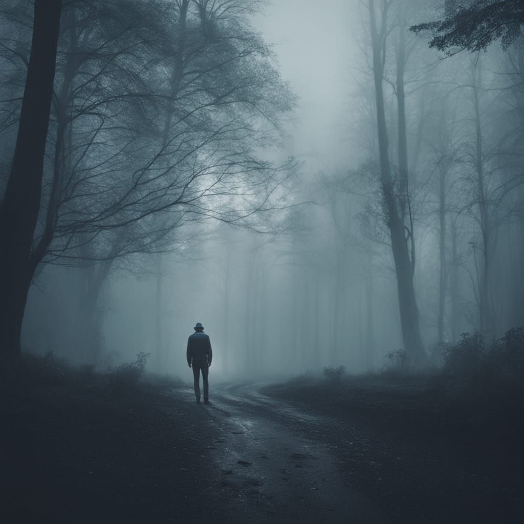 Lonely Figure in a Misty Forest at Dawn