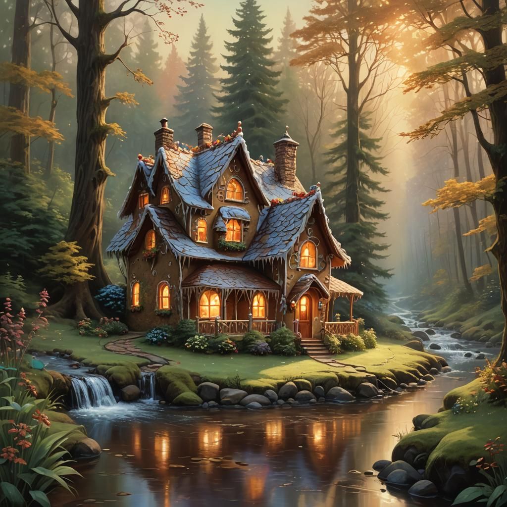 Gingerbread House in Forest, Magical Realism Oil Painting