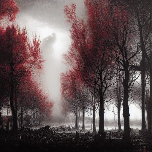 Eerie Red Trees in a Destroyed Cityscape