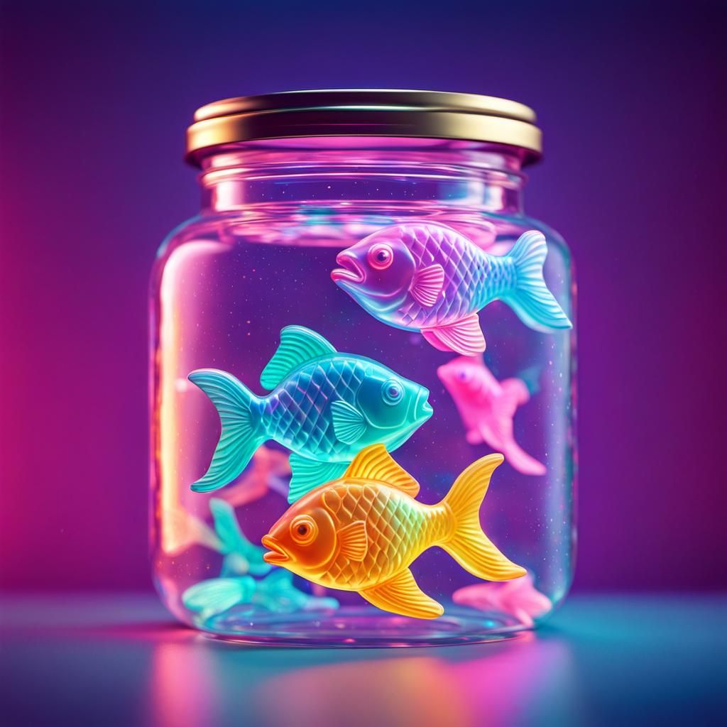 Holographic Gummy Fish in Synthwave Neon Style