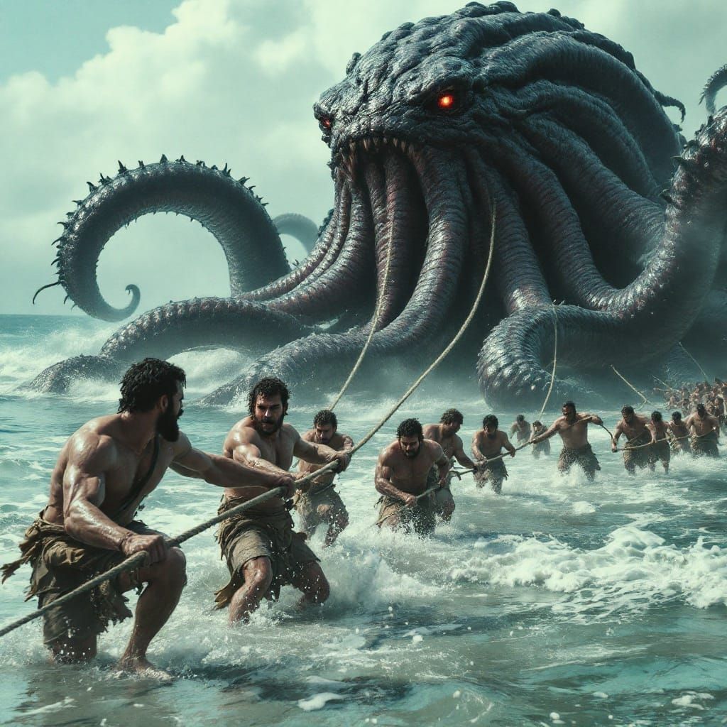 Towering Men Pull Kraken Across the Crimson Red Sea