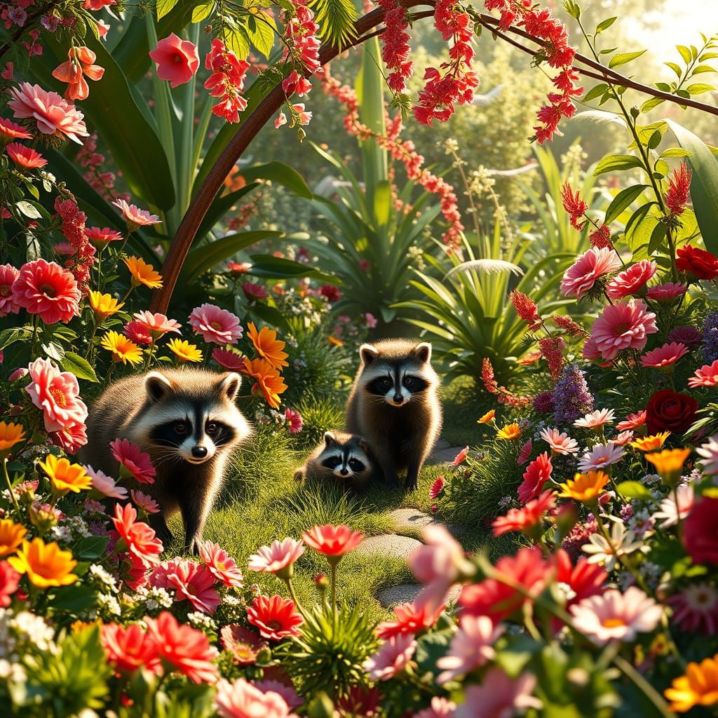 Vibrant Garden Scene with Raccoon Family in Whimsical Wonder...