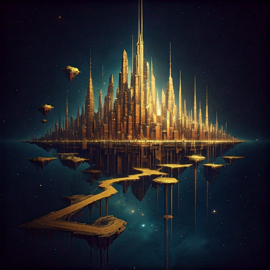 Dreamlike Metropolis with Celestial Pathways in Golden Hues