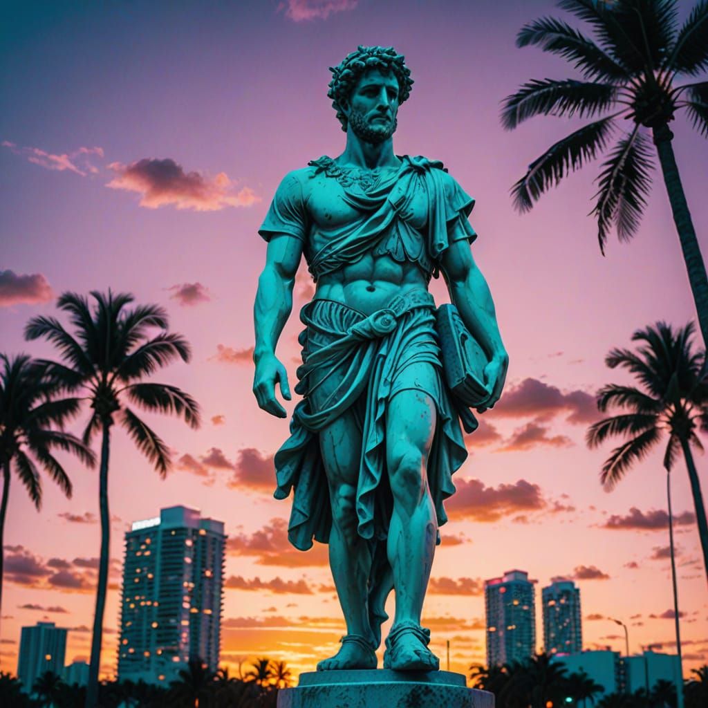 Vaporwave artwork. A Roman statue stands in a Miami beach at sunset, surrounded by palm trees and neon lights. Harsh sun...