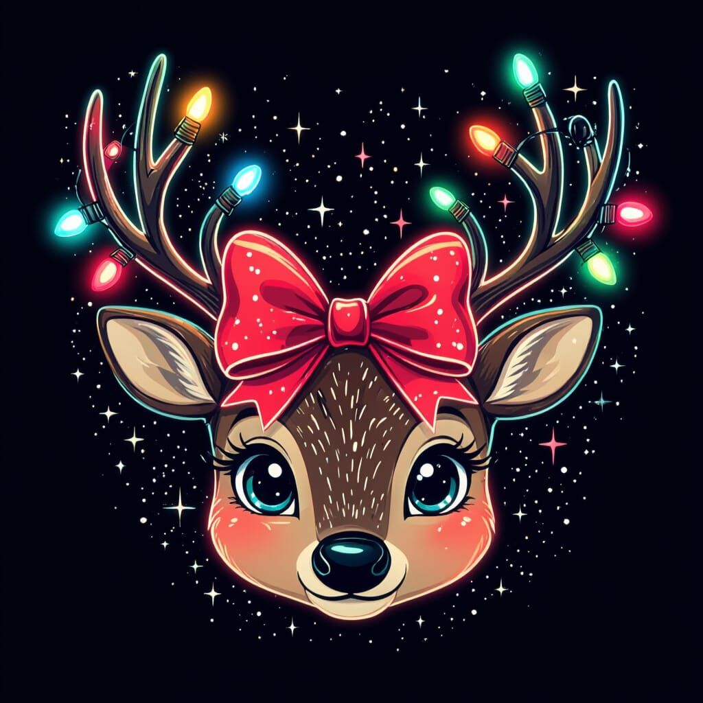 Christmas Reindeer with Festive Bow and Neon Glow