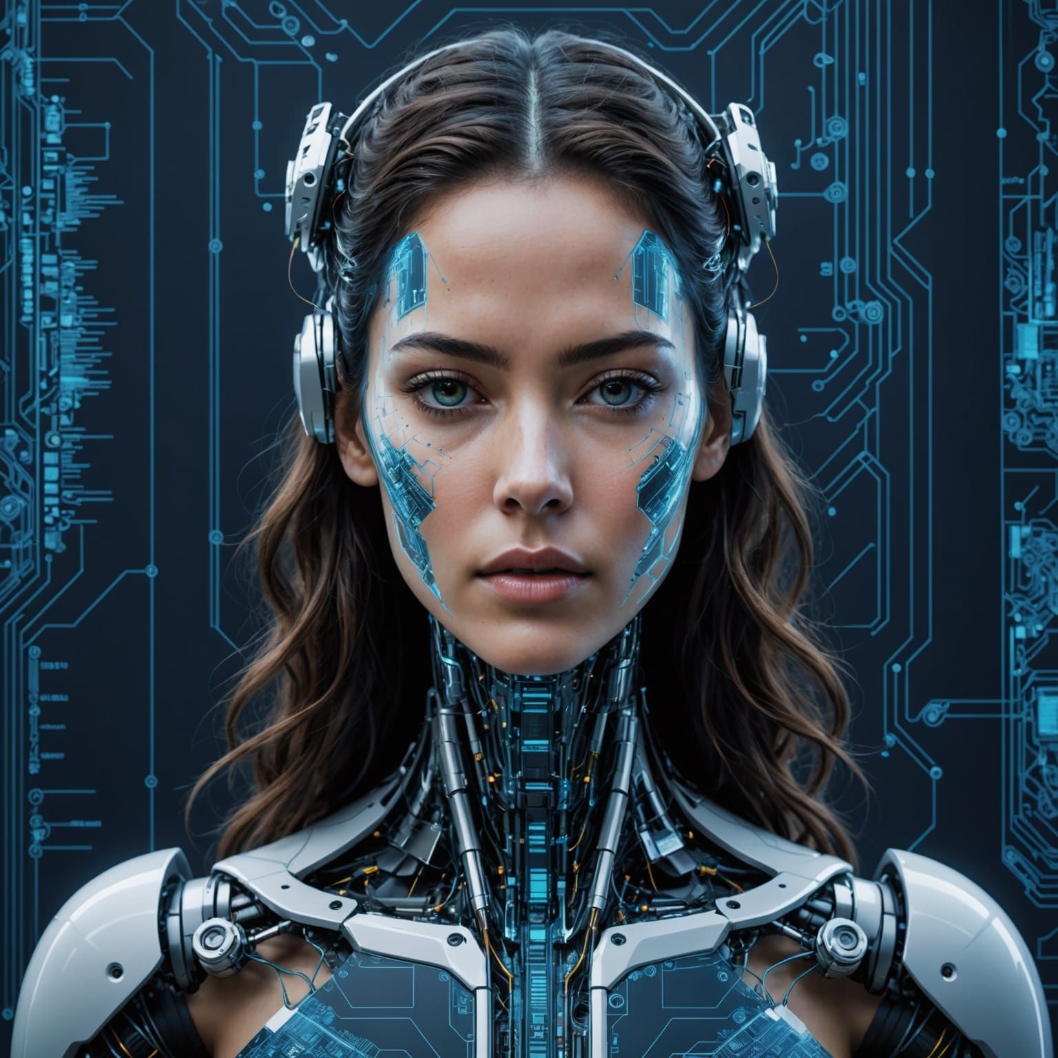 Glitch Cyborg Blueprint in Technical Schematic Style