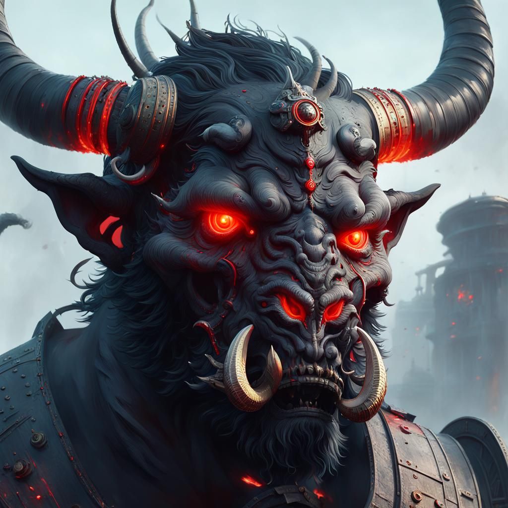 Asmodeus Demon with Bull Horns, Hyperrealistic Art