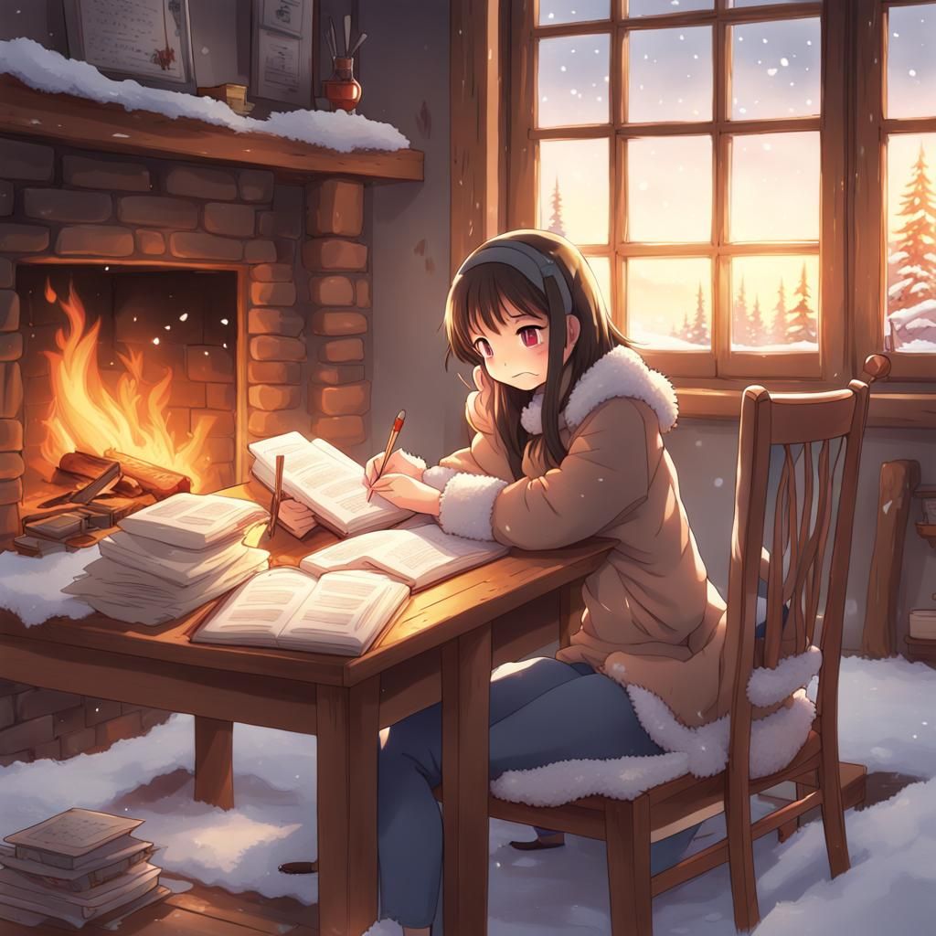 Anime Style: Girl Studying on Winter Day