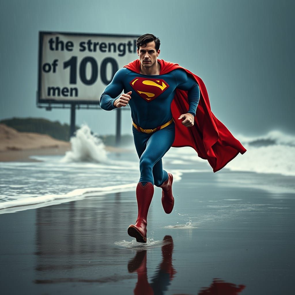 Hyperrealistic Hercules Superman Runs on Stormy Beach