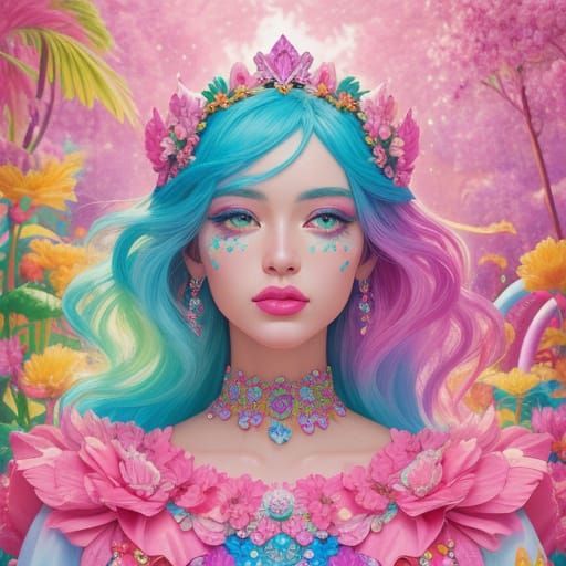Goddess Portrait Amidst Blooming Flowers in Candy Art Style