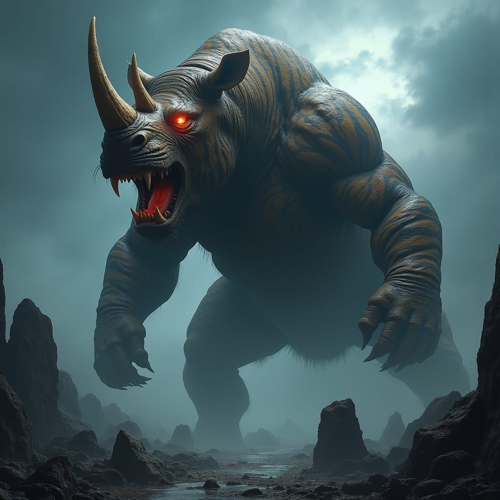 Hybrid Rhino-Tiger Creature in Dark Fantasy Art