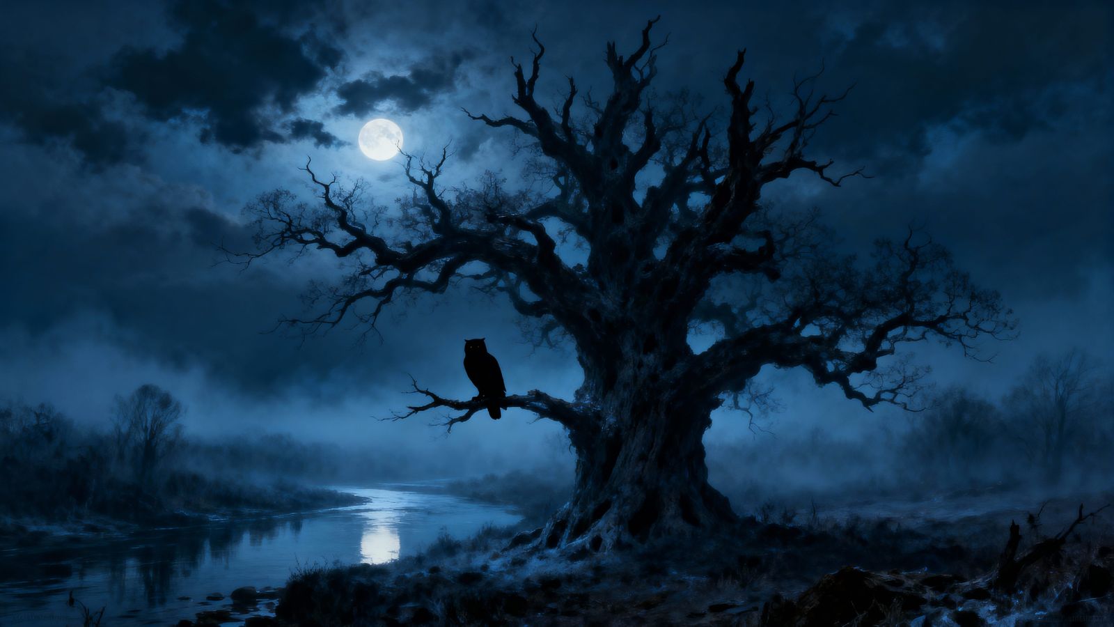 Ancient Oak Tree and Owl Under Full Moon
