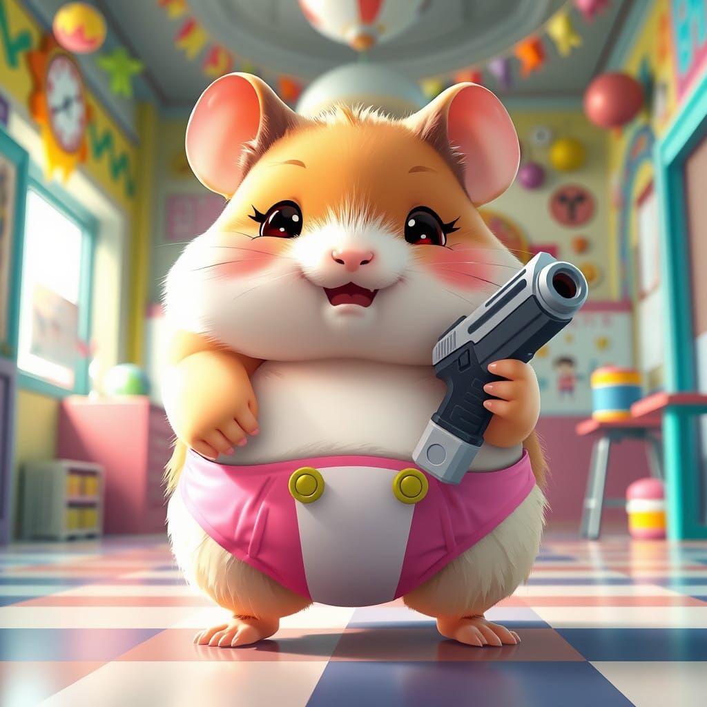 Cute Hamster Wields Toy Gun in Vibrant Anime-Inspired Settin...