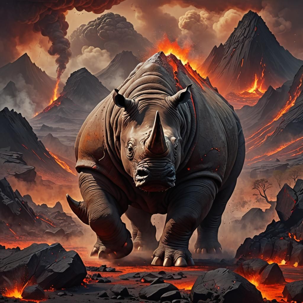 Epic Rhino-Hippo Behemoth in Volcanic Landscape