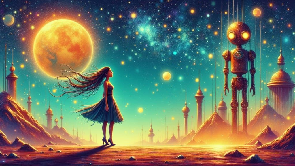 Woman Dissolving into Stardust on Retro-Futuristic Planet