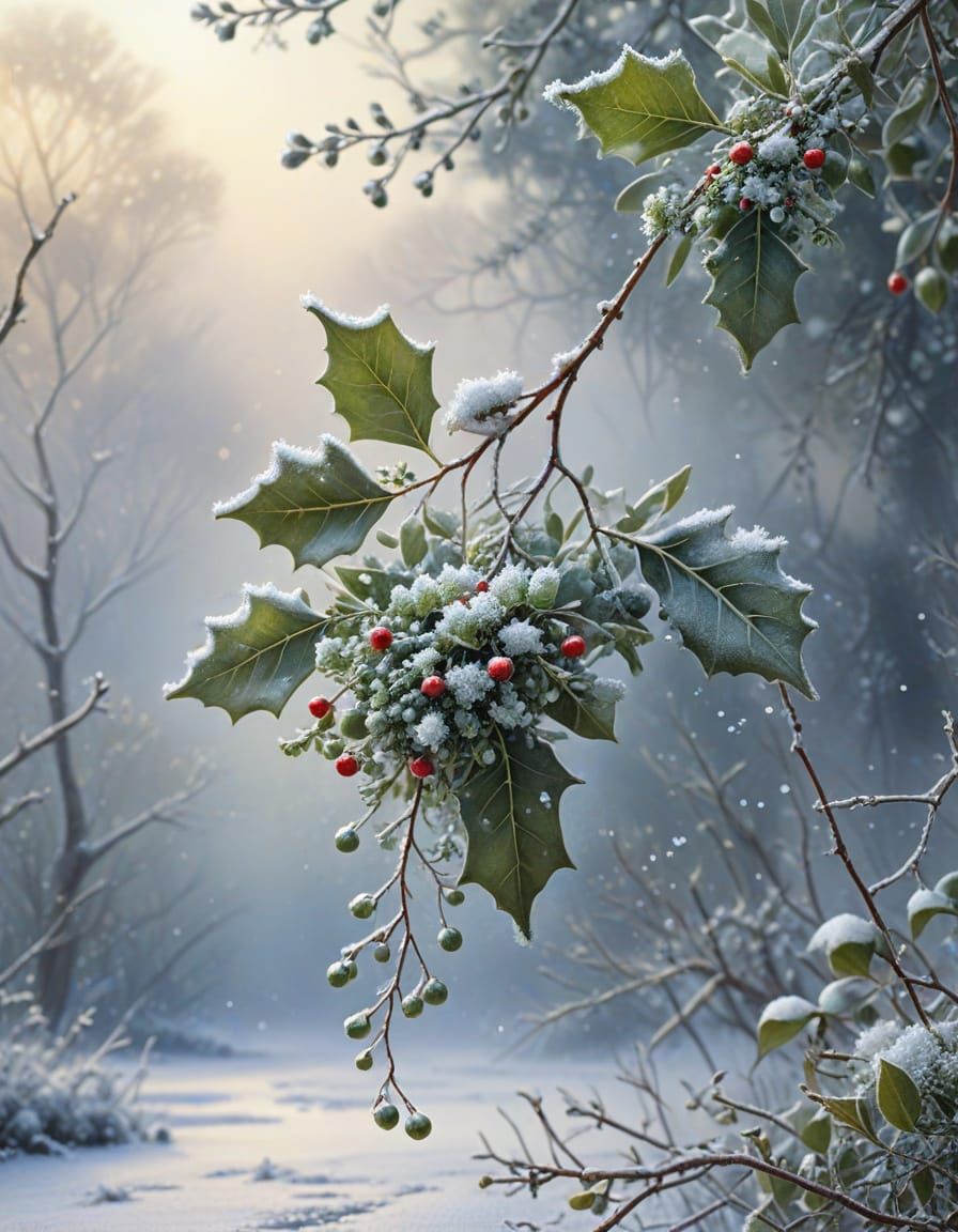 Hyperrealistic Mistletoe with Snow in Watercolour and Ink