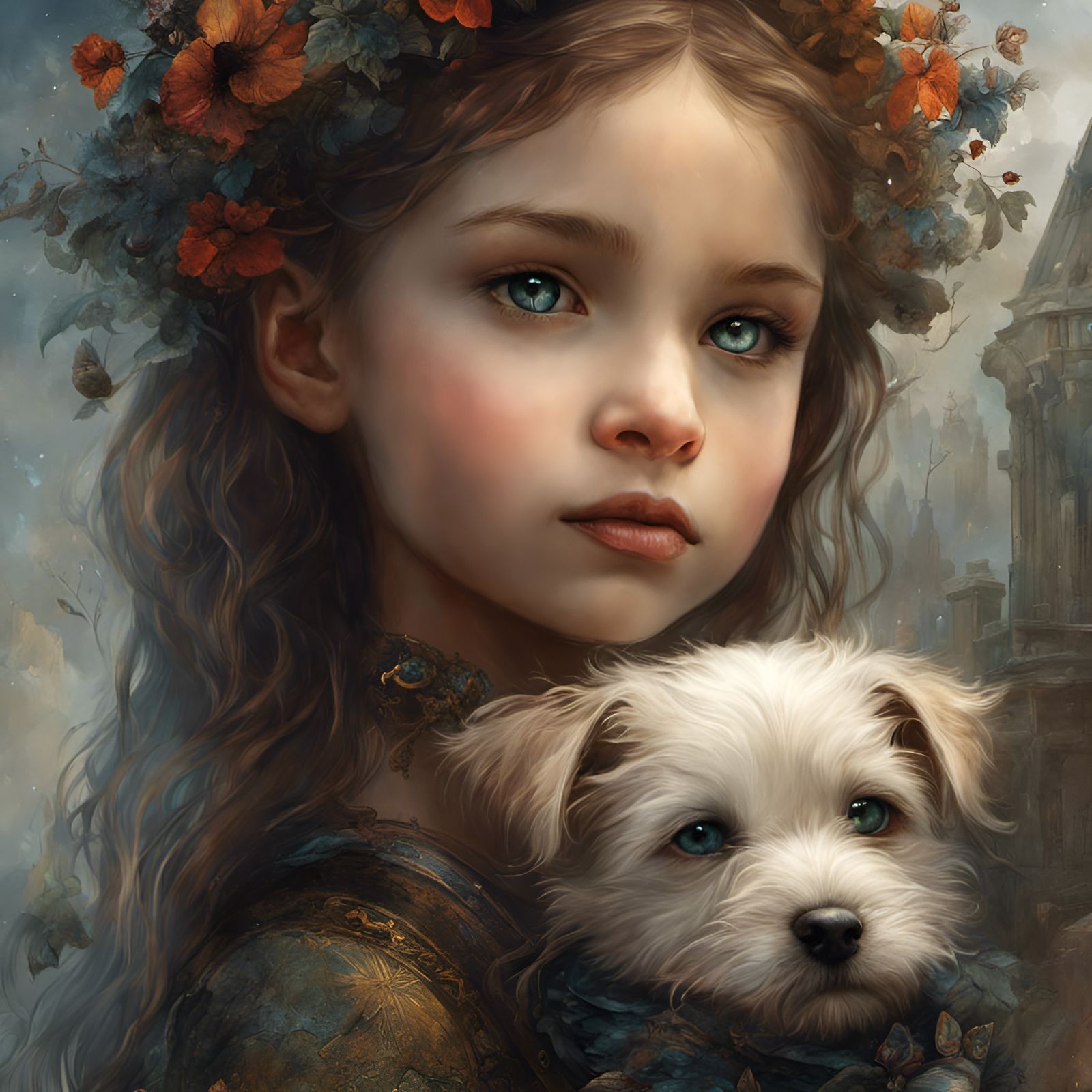 Medieval beautiful girl her cute puppy